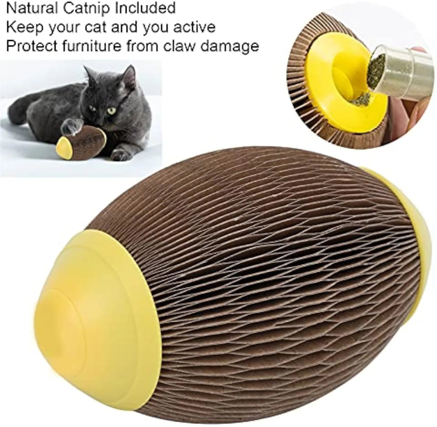 Ellipse-shaped catnip ball toy made of recycled corrugated paper, showing scratch surface and size.
