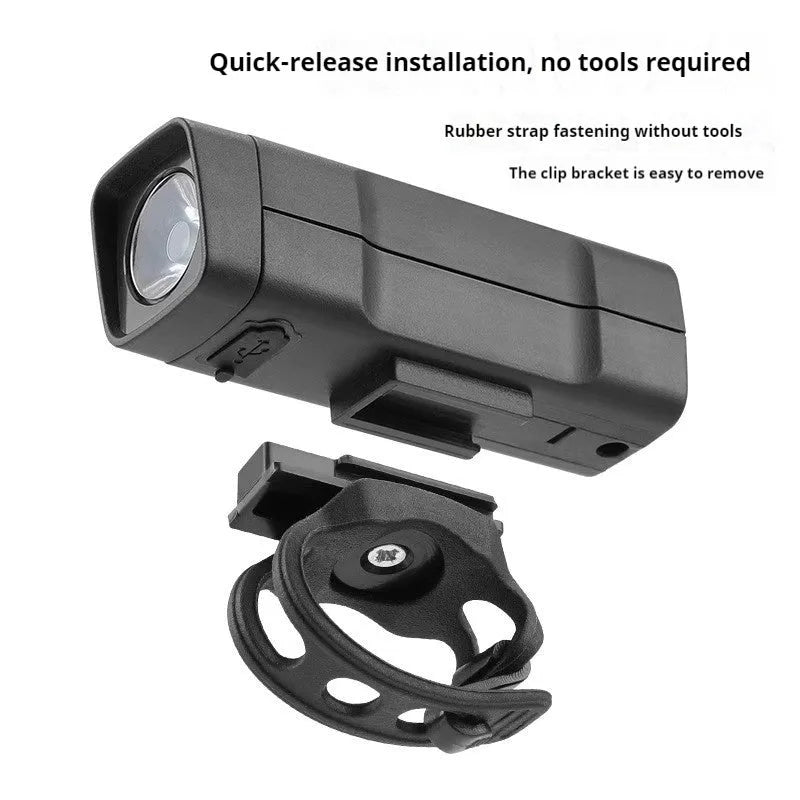 Bicycle headlight with LED light and USB charging port mounted on handlebars