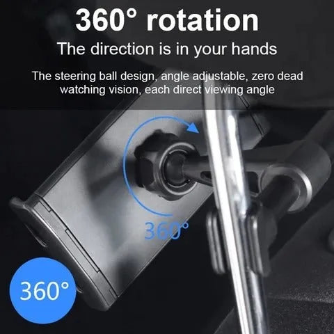 Black car phone holder mounted on vehicle rear seat base holding tablet for navigation
