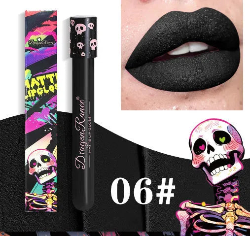 Halloween creative makeup lip gloss in skull-shaped test tube packaging, showing a matte gold and silver finish.