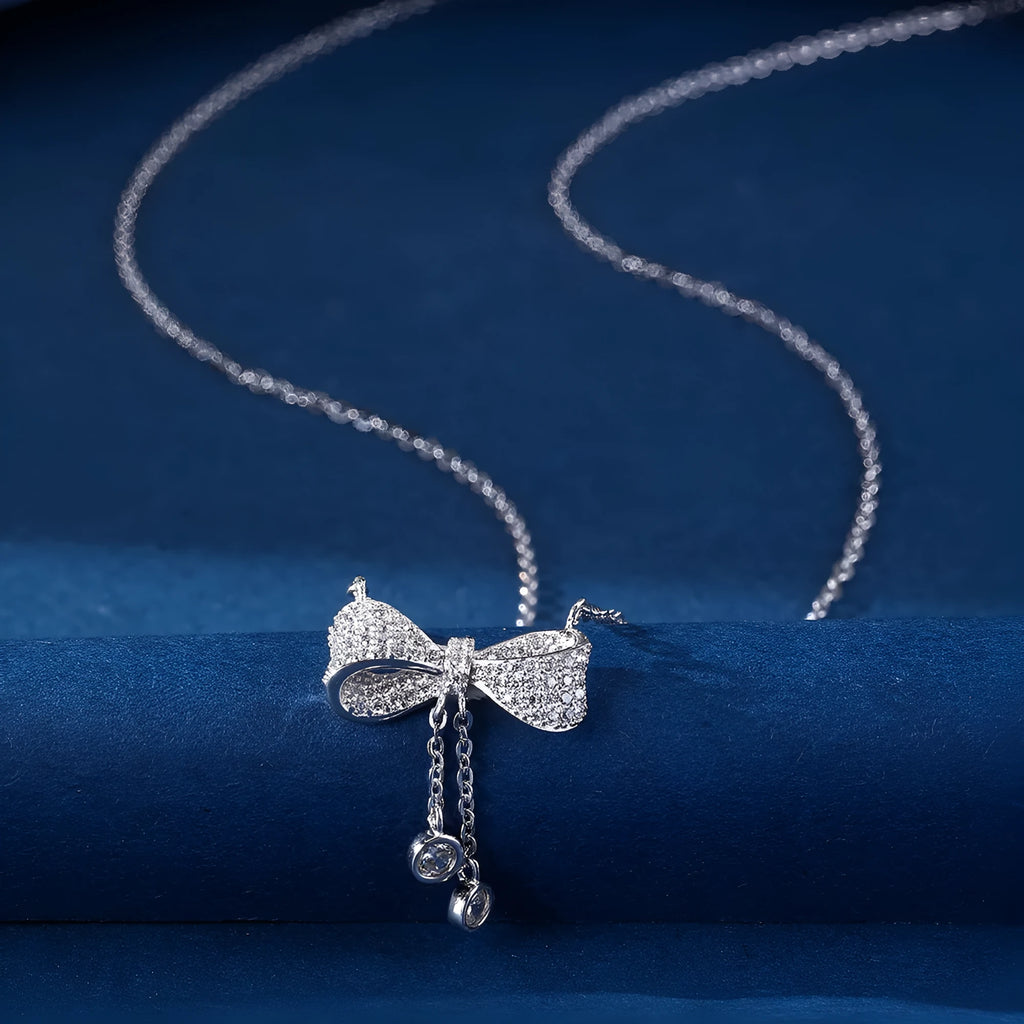S925 sterling silver bow pendant necklace on adjustable O-ring chain