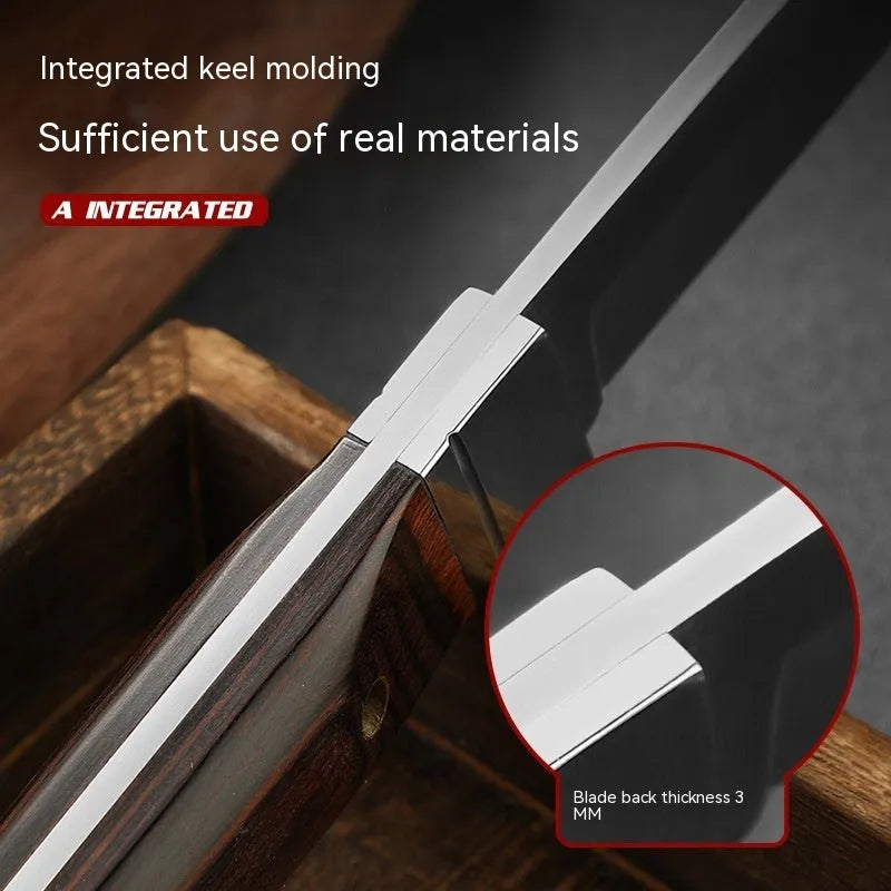 Stainless steel national style fruit knife shown with its brown leather protective case.