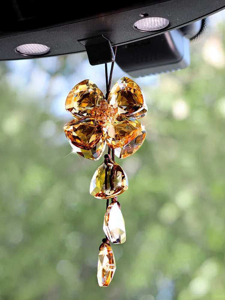 Genuine crystal four leaf grass car interior pendant measuring approximately 20cm for vehicle decoration