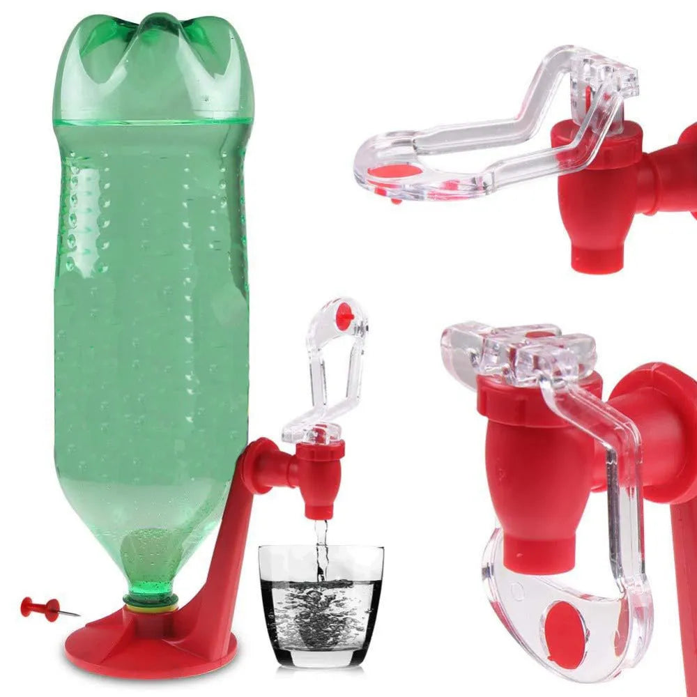 Red plastic Magic Tap soda dispenser attached to inverted 2 litre bottle