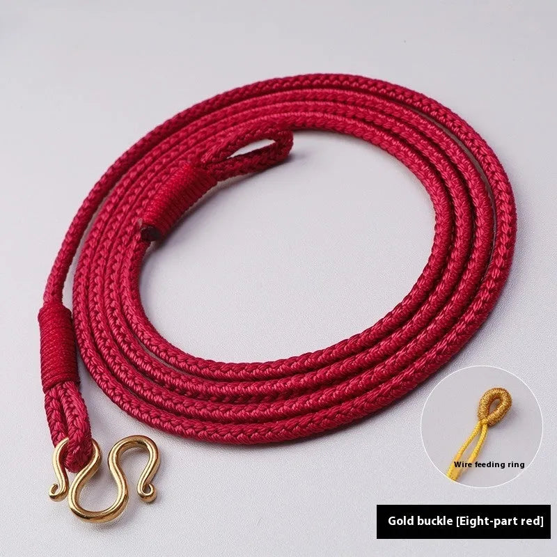 Gold and silver Thangka Peace Buckle jewellery with gem inlaid pendant on imitation pearl, showing pull ring.