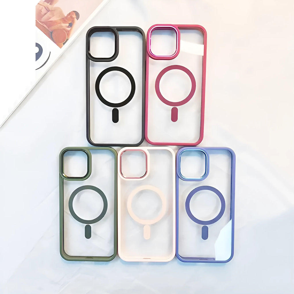 Transparent magnetic silicone phone case for iPhone in solid colour options including green, red, and blue.