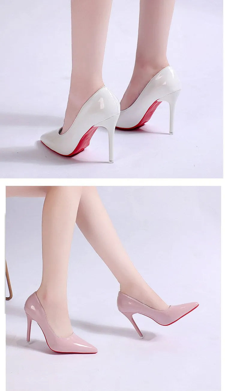 Women's pointed toe stiletto heel pumps in solid colours with shallow mouth opening