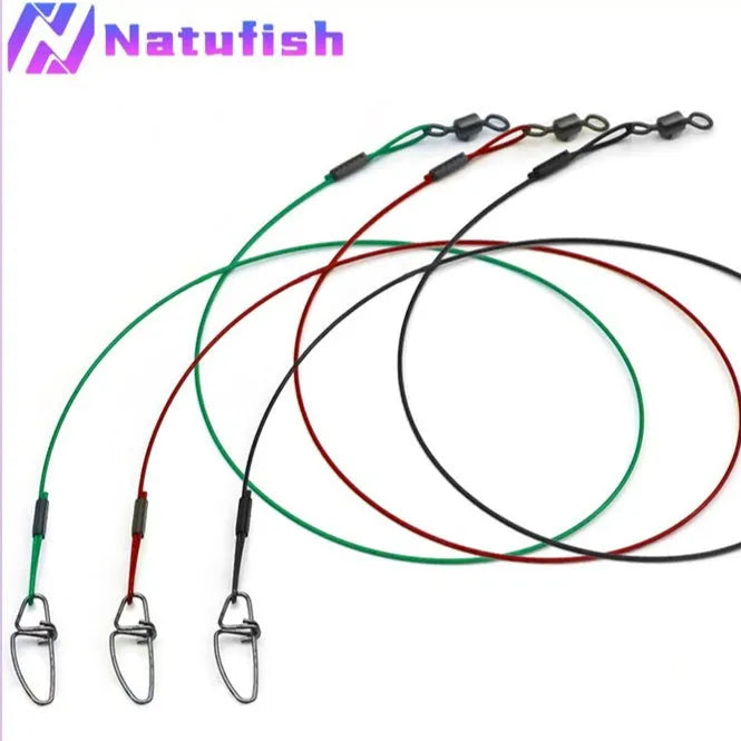 Set of 10 green, black, and red steel wire fishing accessories with double buckle pins, each 54cm long.