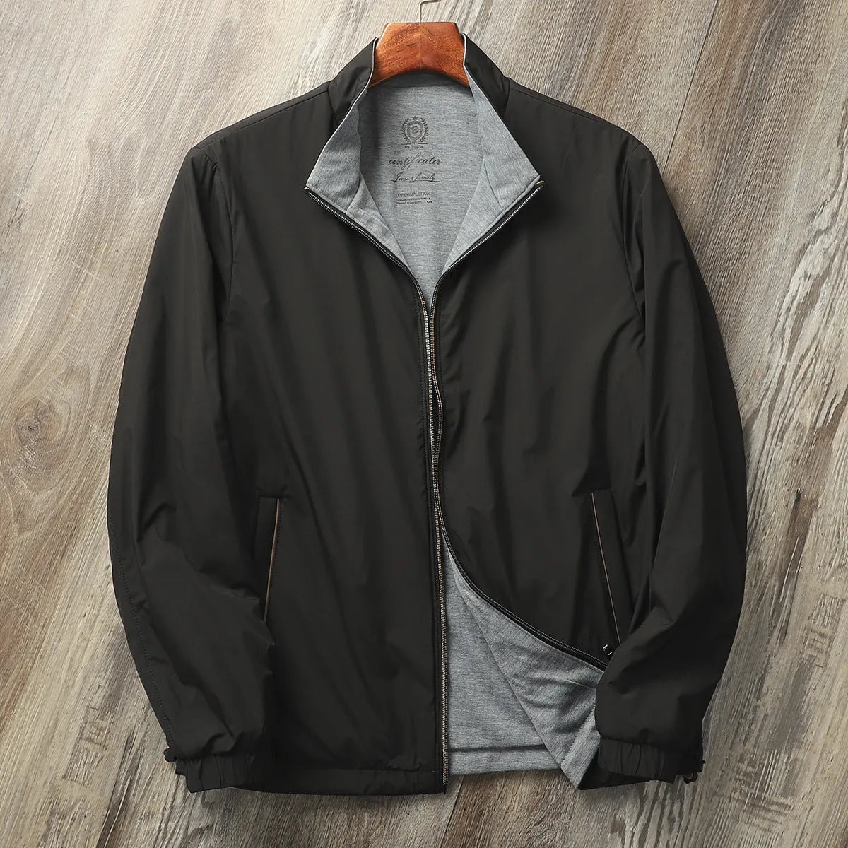 Men's stand collar casual jacket in polyester blend fabric with cotton lining