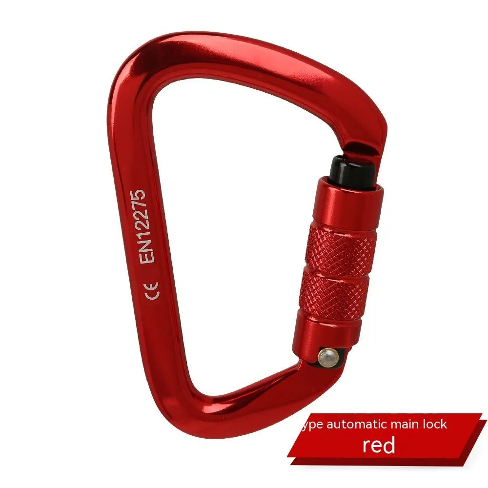 D-shaped rock climbing carabiner main lock with choice of threaded or automatic gate closure, shown in multiple colours.