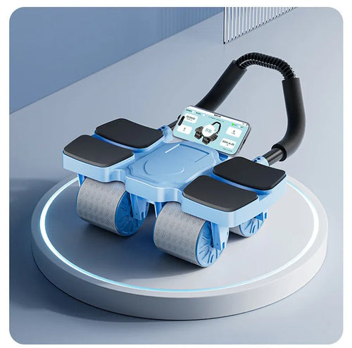 Black abdominal wheel with four wheels and automatic rebound mechanism on a floor.