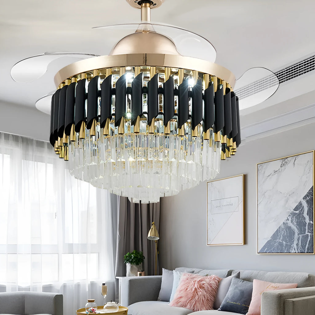 Remote control crystal chandelier ceiling fan light with wooden blades and LED light.
