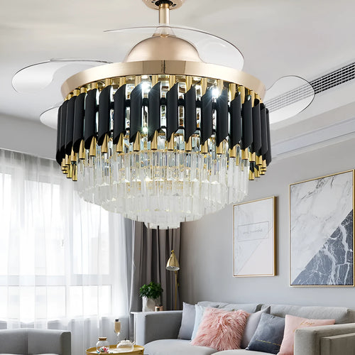 Remote control crystal chandelier ceiling fan light with wooden blades and LED light.