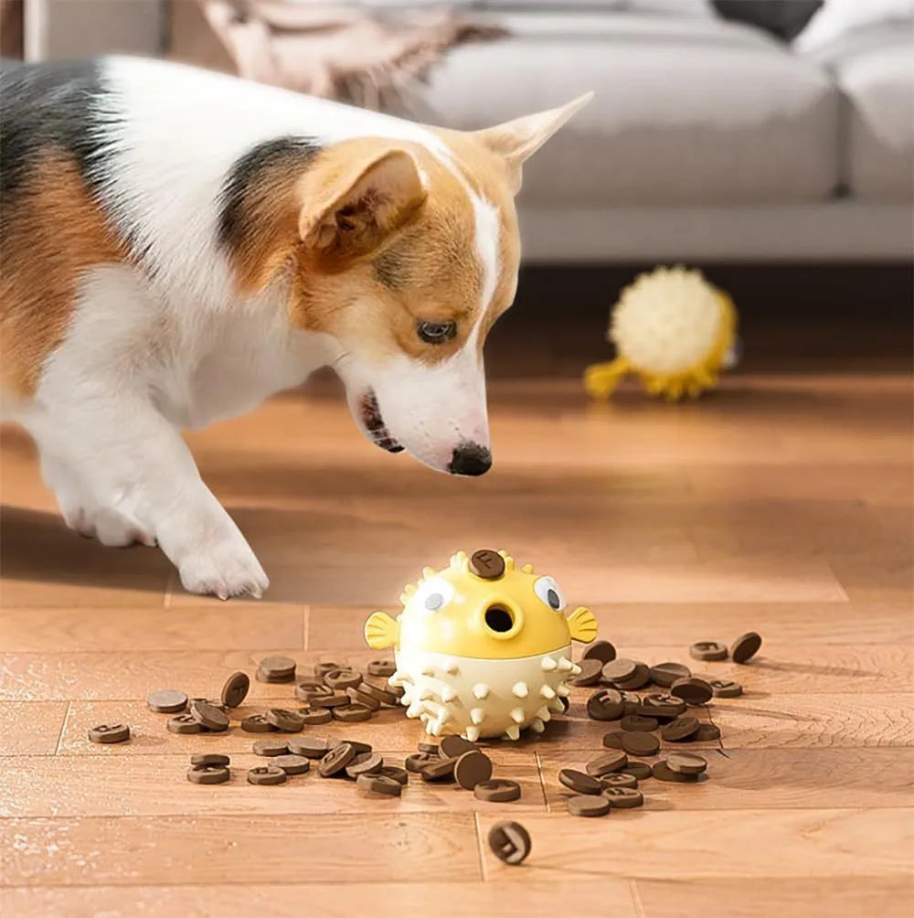 Green fish-shaped interactive dog toy with treat dispenser for medium and large dogs