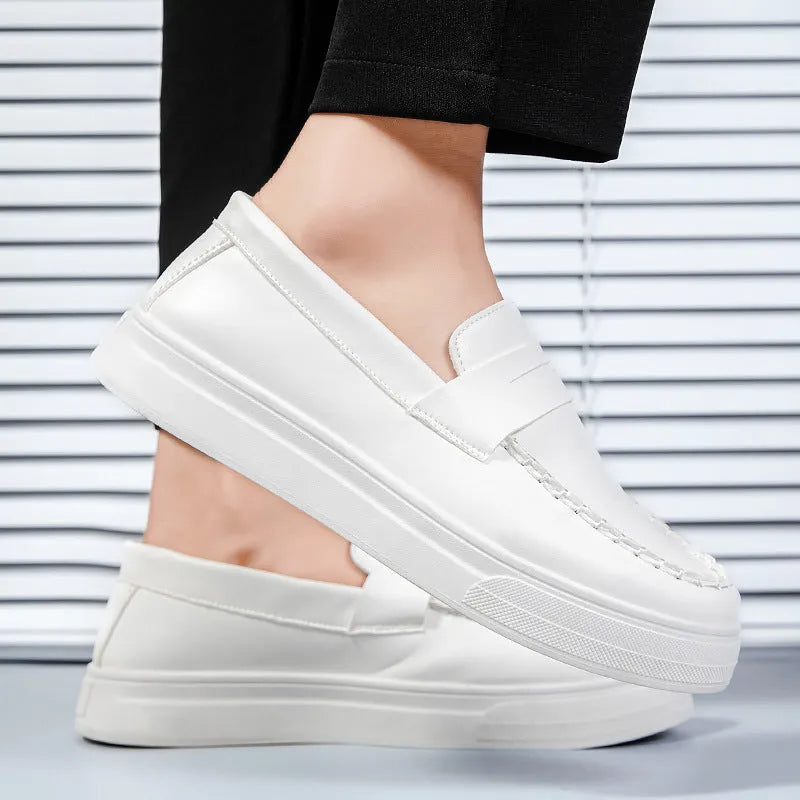 Casual slip-on shoes in white, black and white, and khaki colours with round toe design