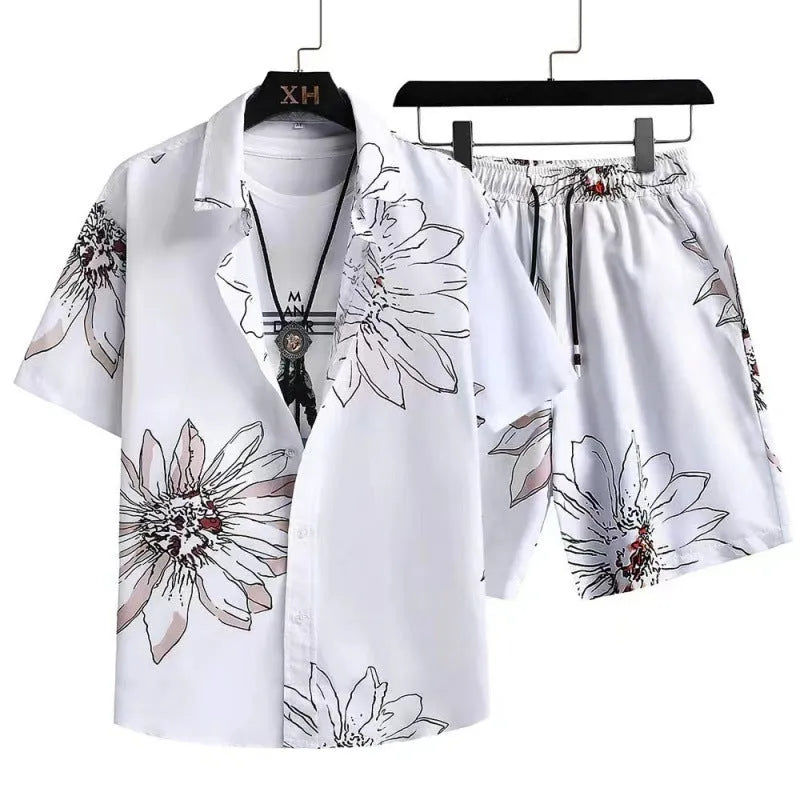 Men's casual suit with digital print short sleeve shirt and matching shorts in stretch polyester fabric