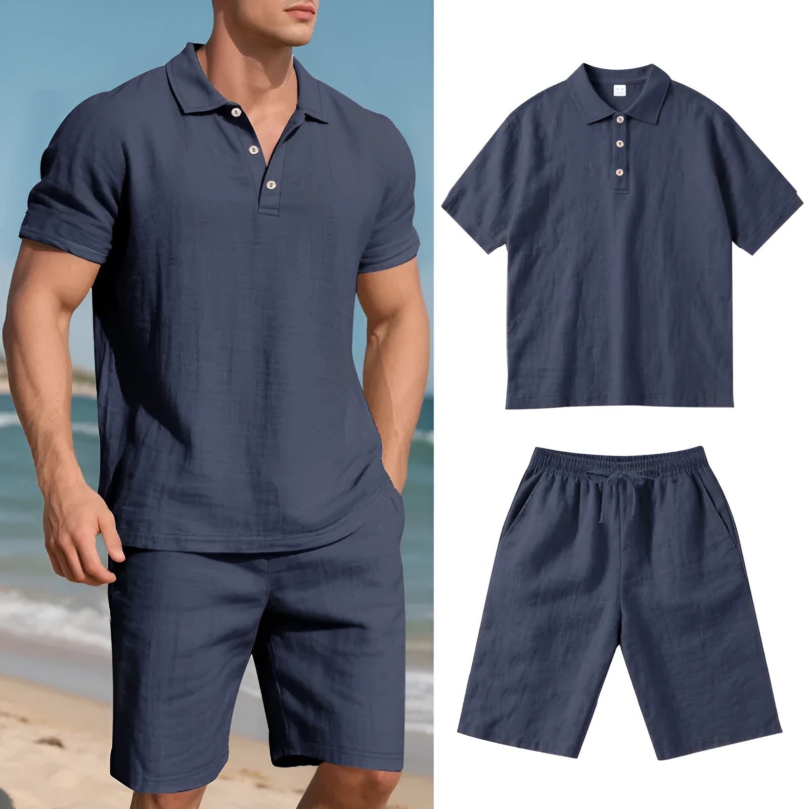 Men's light-coloured linen shorts suit with short sleeve top and matching shorts for summer casual wear