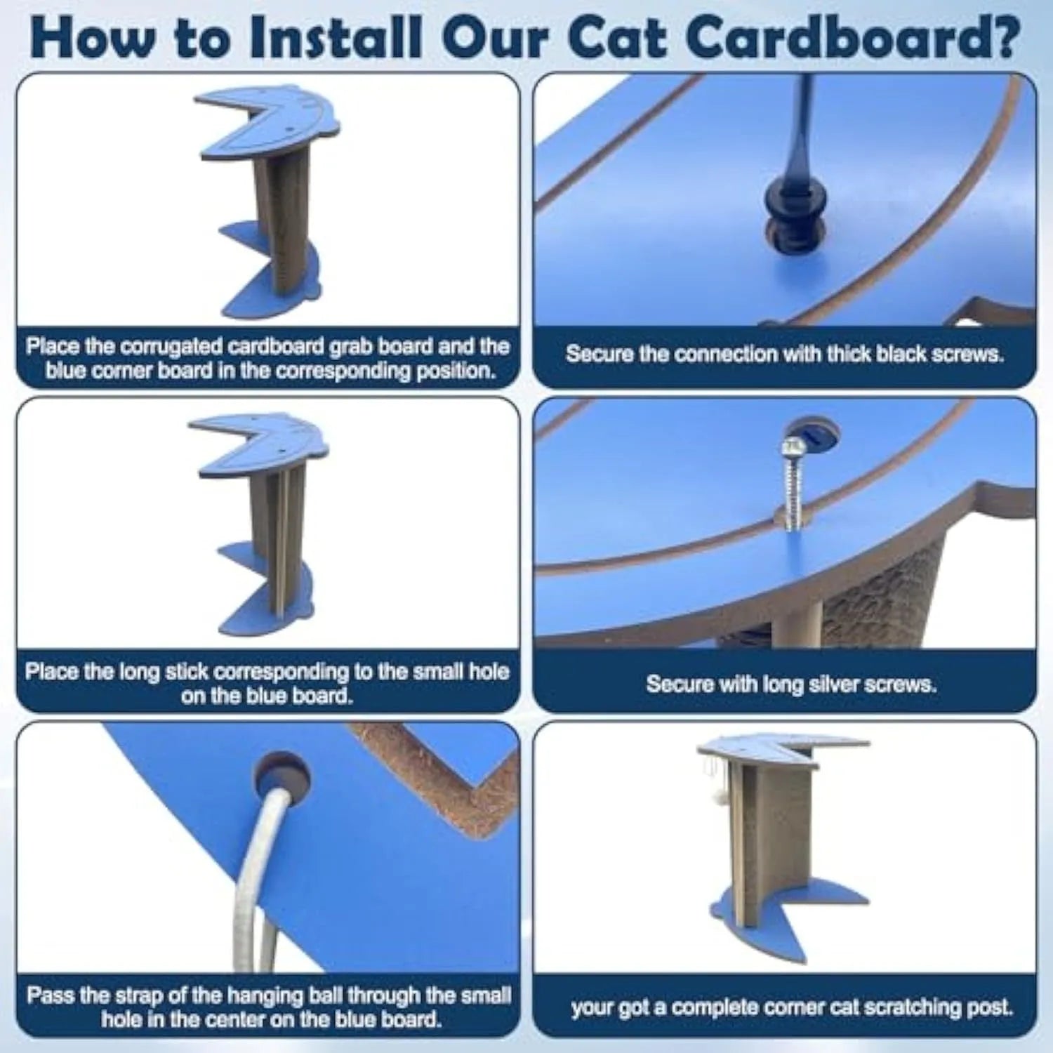 Cardboard corner scratching pad for cats on a wall with hanging ball and catnip.