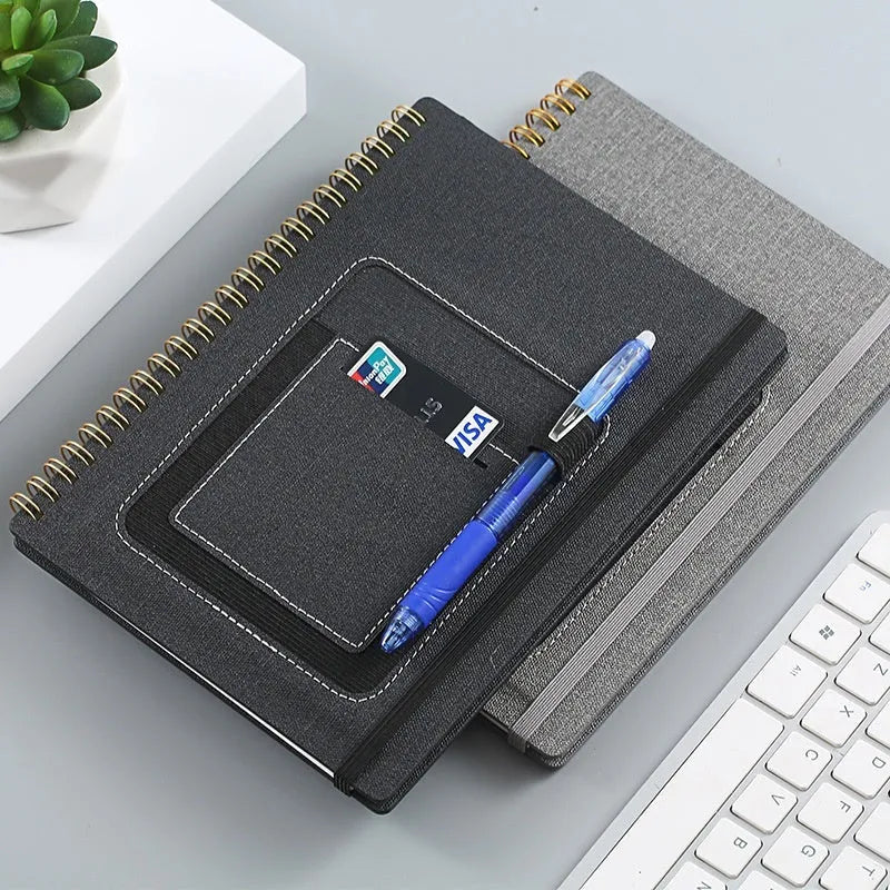Erasable coil notebook with waterproof stone paper and erasable pen on desk