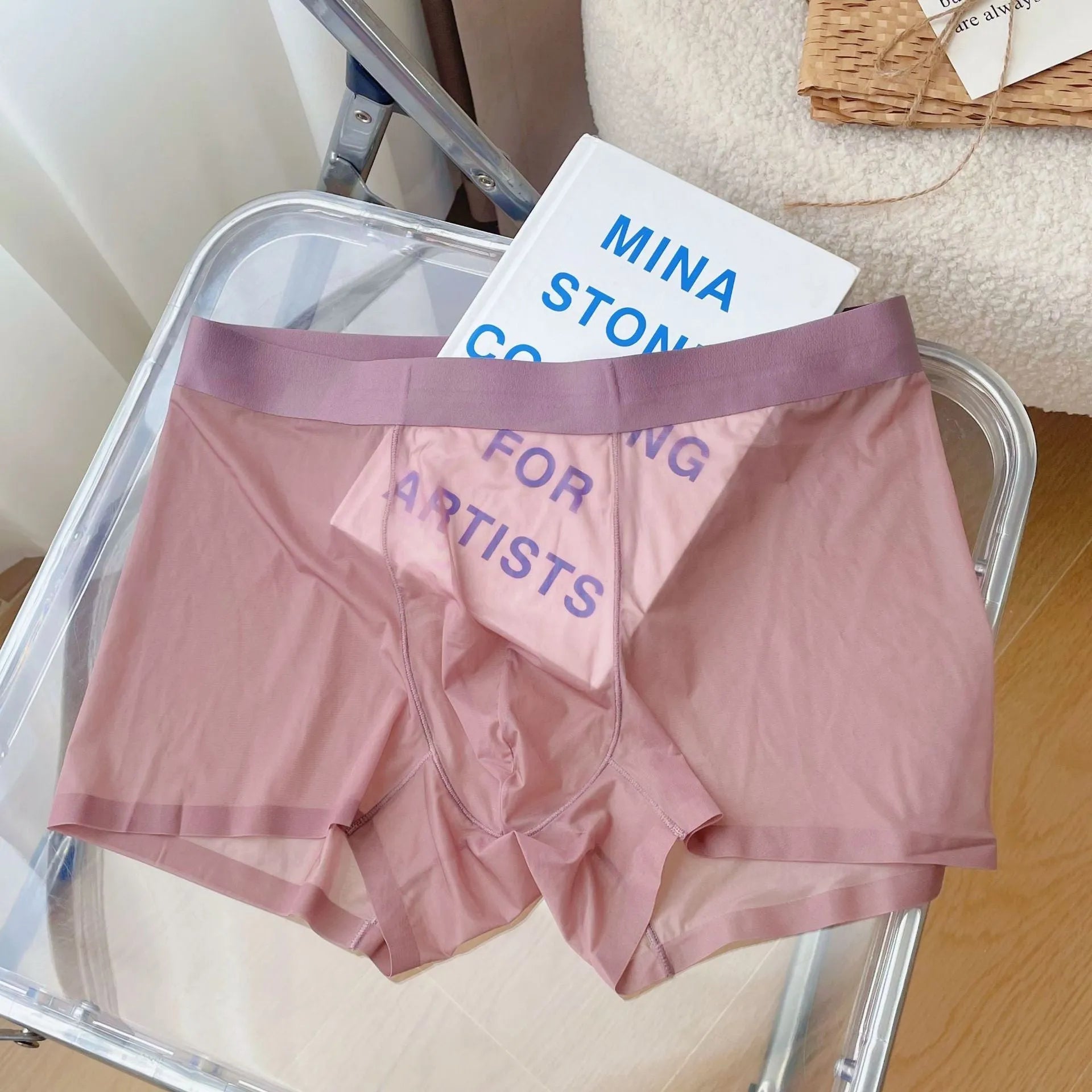 Men's seamless quick-drying nylon boxer shorts in light brown colour showing mid waist and body shaping fit.