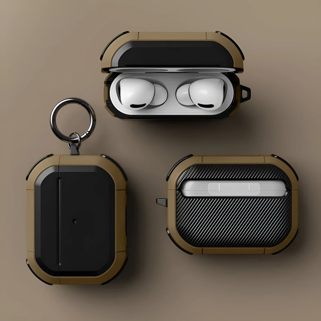 Black TPU and PC protective case for Apple AirPods Pro earbuds sitting on a table.