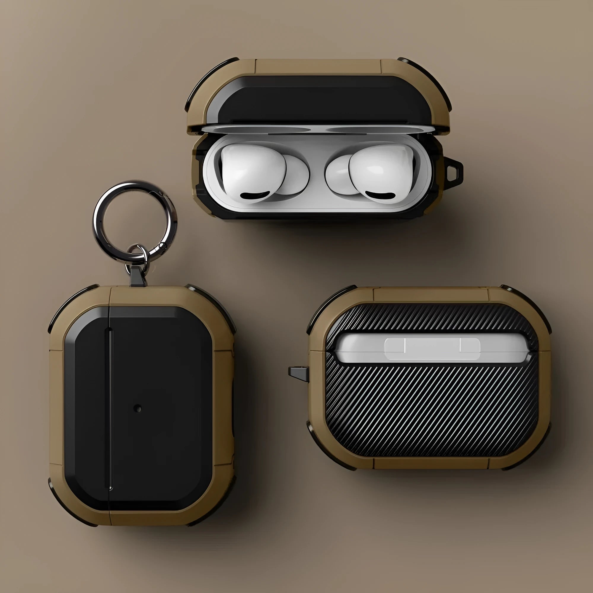 Black TPU and PC protective case for Apple AirPods Pro earbuds sitting on a table.