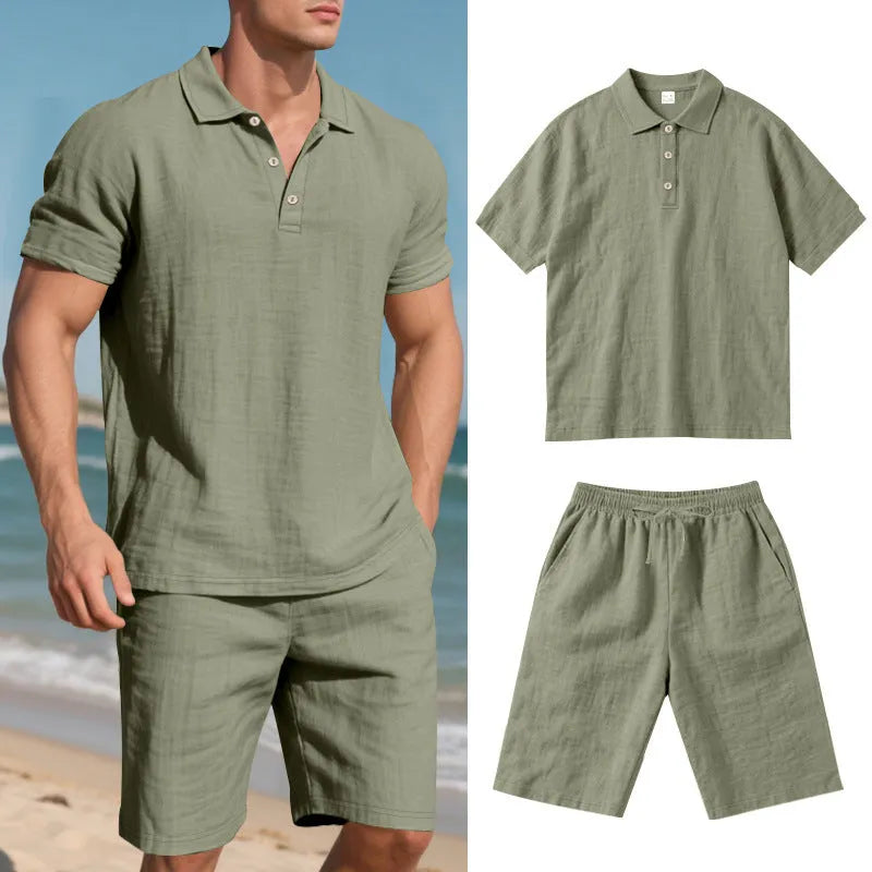 Men's light-coloured linen shorts suit with short sleeve top and matching shorts for summer casual wear