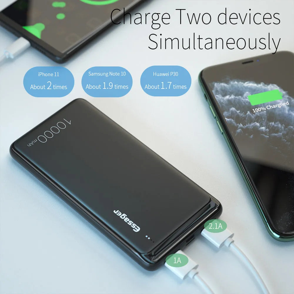 Essager 10000mAh portable power bank with LED indicators and dual USB ports in black