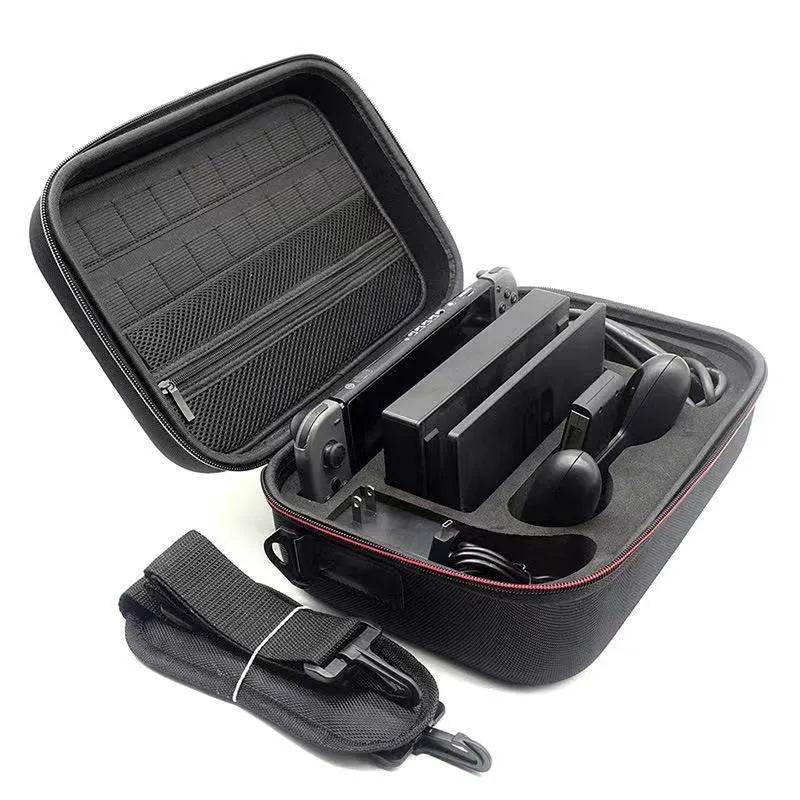 Black EVA hard-shell storage bag for game console accessories like controllers and cables.