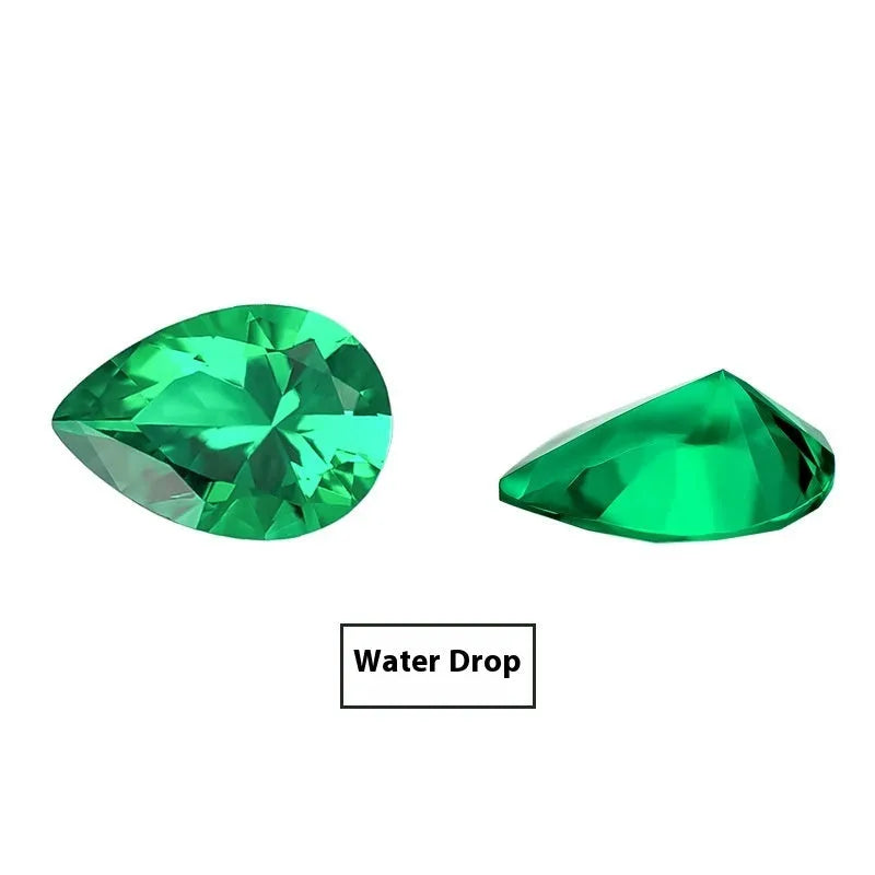 Synthetic emerald gemstone beads in Columbia green treasure colour showing round and rectangular cut options