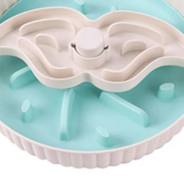 Interactive rotating slow feed pet bowl with silicone licking mat in blue windmill pattern