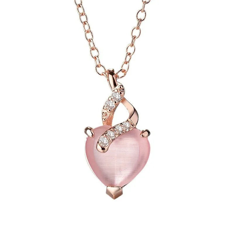 Heart-shaped synthetic crystal pendant necklace with rose gold electroplated copper chain