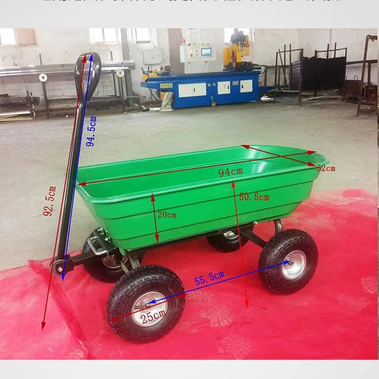 Green four-wheel plastic dump truck with steel PP body for garden material transport