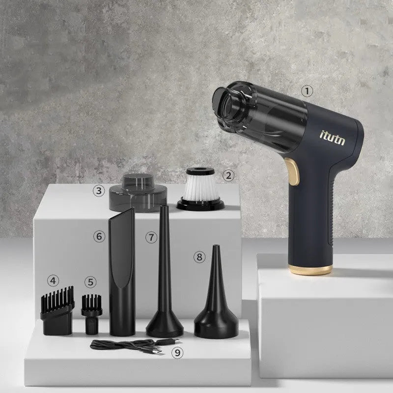 Black wireless handheld car vacuum cleaner with multiple nozzle attachments on a black background