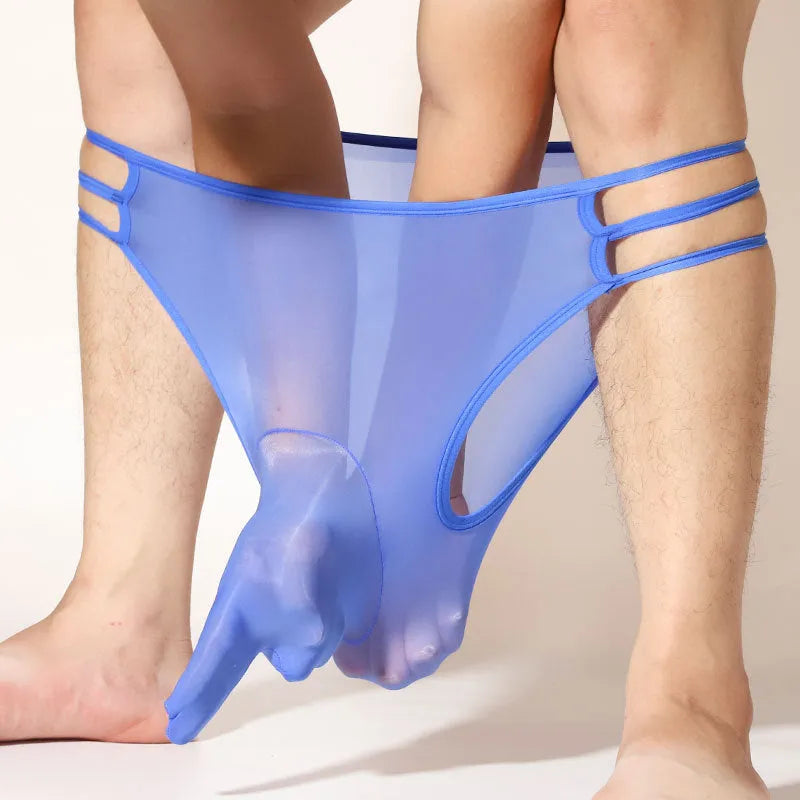 Men's transparent nylon elephant nose shorts in multiple colours on a mid-waist free-size model.