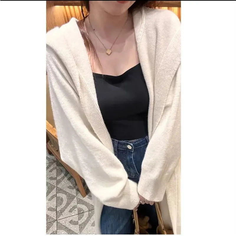 Korean style women's long hooded knit cardigan in oatmeal colour, loose fit.