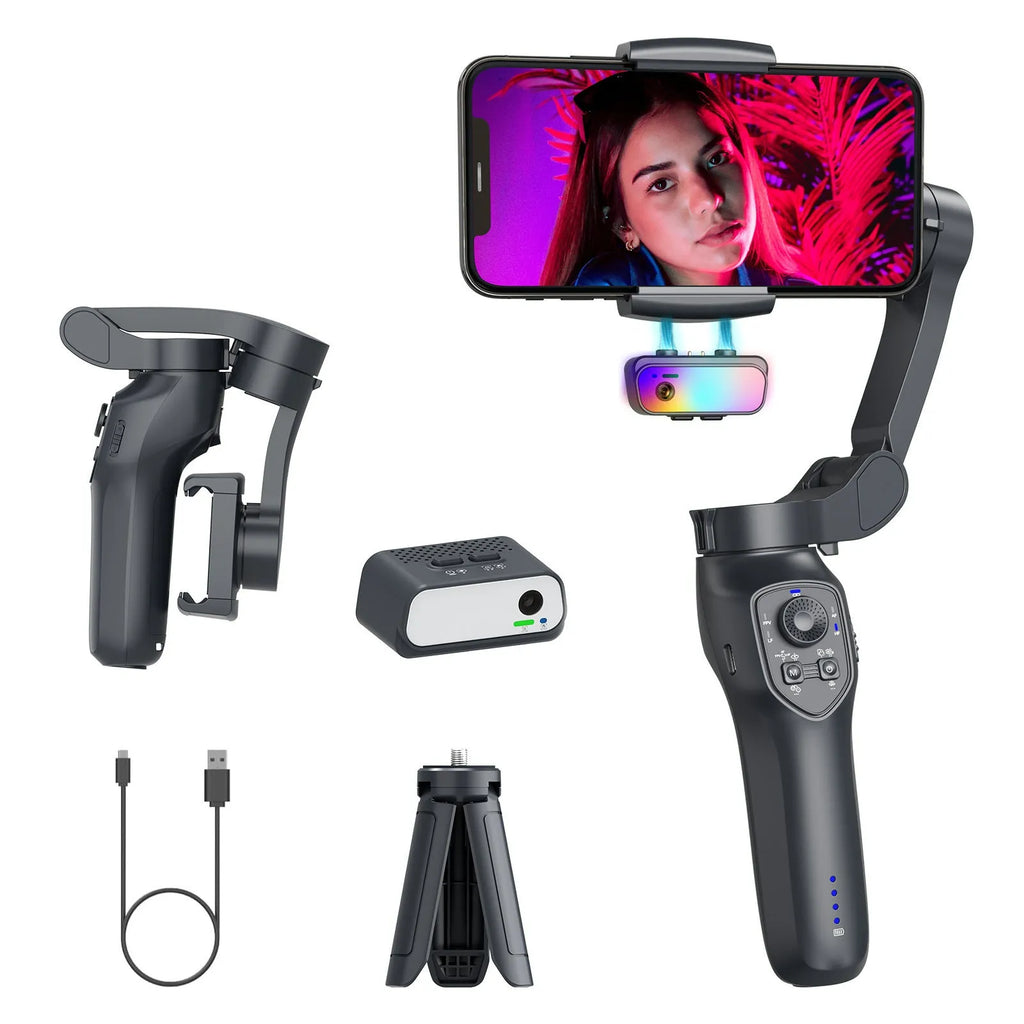 RK series foldable handheld smartphone stabilizer in gun colour with USB charging port