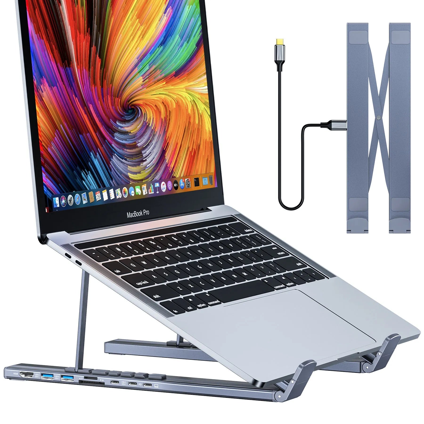 Silver aluminium alloy folding laptop stand with a built-in multi-port docking station hub.