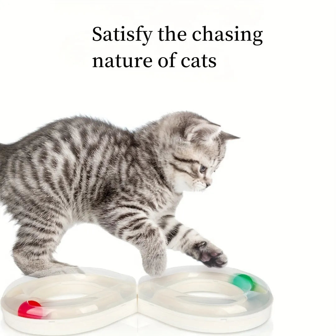 Blue and white cat toy with turntable track ball and teasing stick for interactive feline play