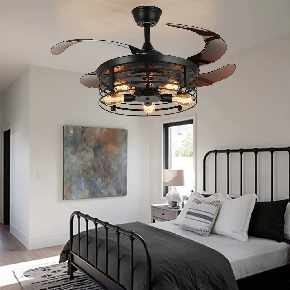 Industrial American retro style ceiling fan with integrated light and invisible acrylic blades.