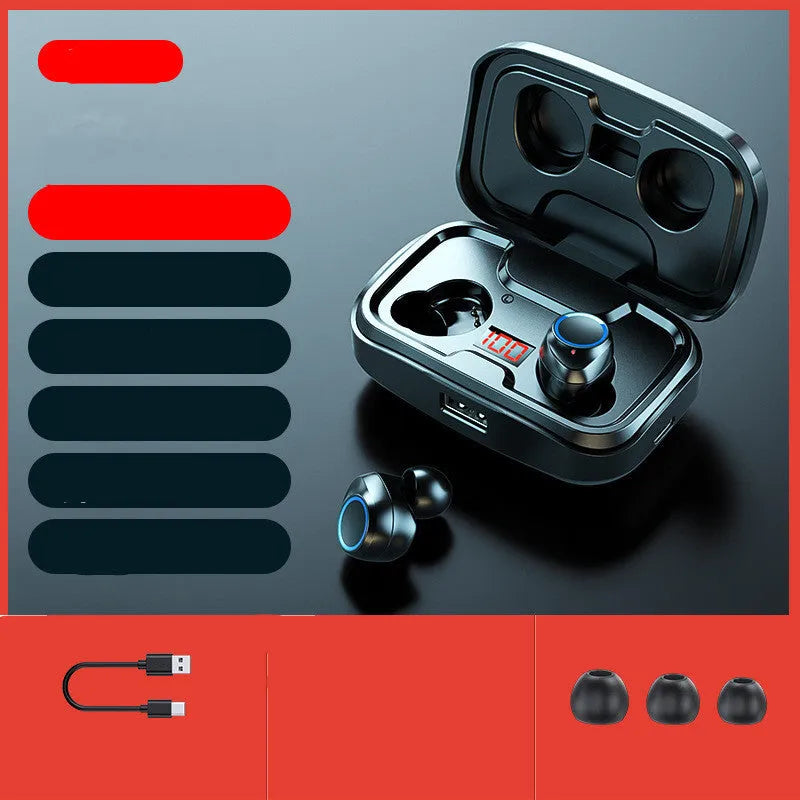 Black wireless in-ear headphones with Bluetooth 5.0 showing the private mould earpiece design