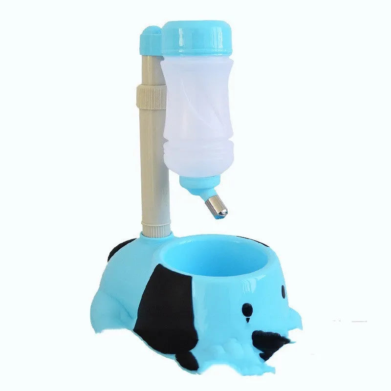 Adjustable height pet drinking bowl in blue plastic with rod lift mechanism
