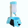 Adjustable height pet drinking bowl in blue plastic with rod lift mechanism
