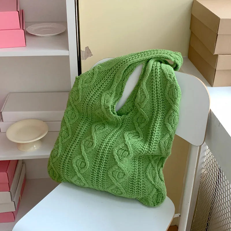 Retro hollow knitted shoulder tote bag in polyester with crochet design showing double straps and large capacity