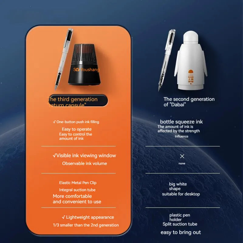 Automatic suction pen set with plastic body, stainless steel tip, ink feeder, and handbag on a desk.