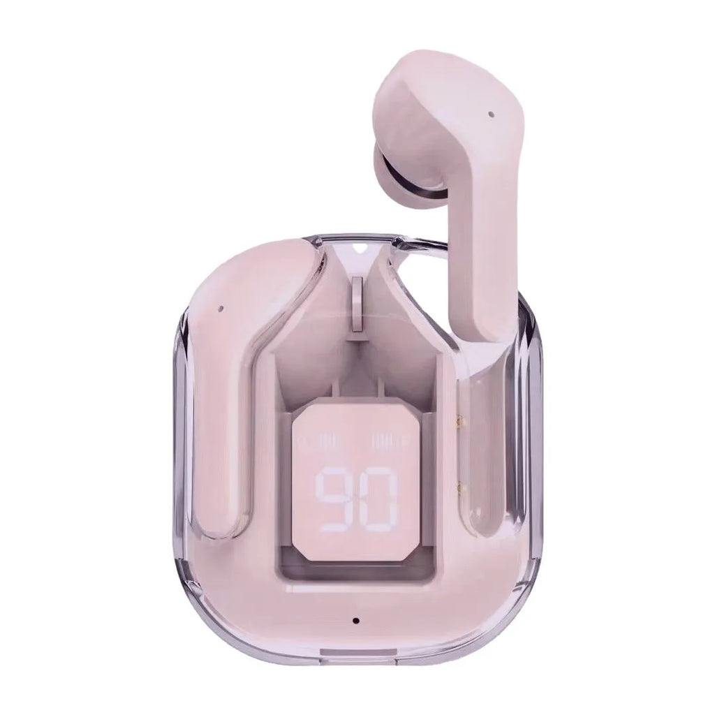 Transparent space capsule true wireless Bluetooth headset with digital display and plastic case in various colours
