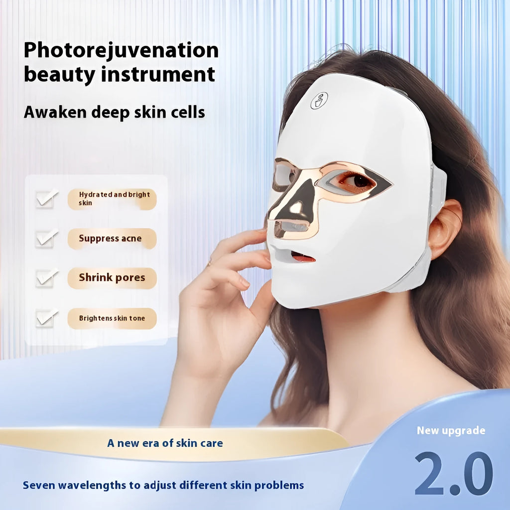 Rechargeable manual touch LED beauty face mask in white rose gold edge colour with fixing strap