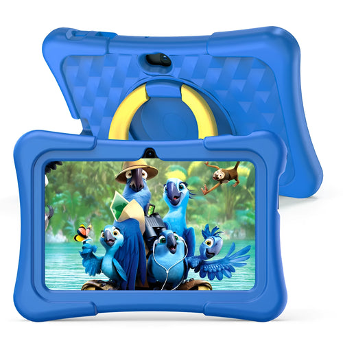 Blue children's 7-inch tablet with silicone protective cover and a rotating handle bracket attached.