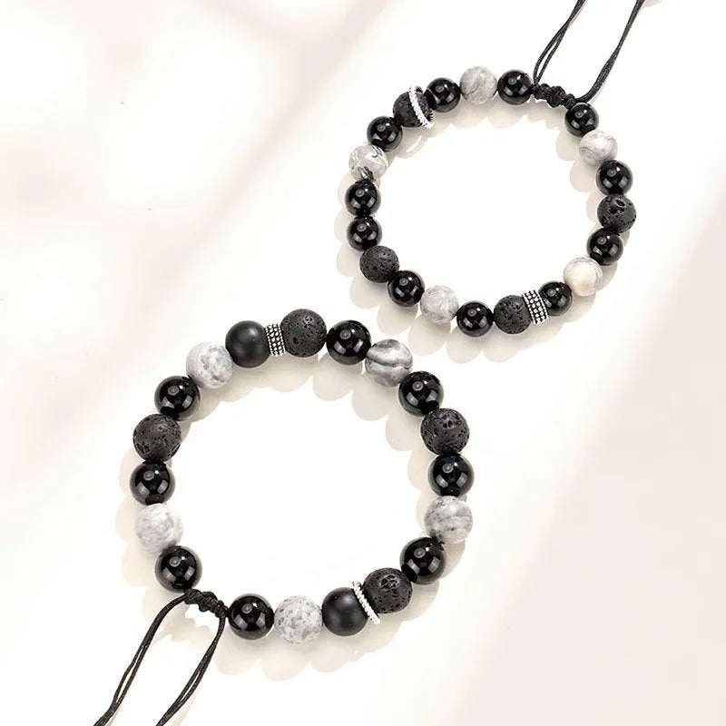 Black agate map stone bracelet with diamond-shaped volcanic rock beads