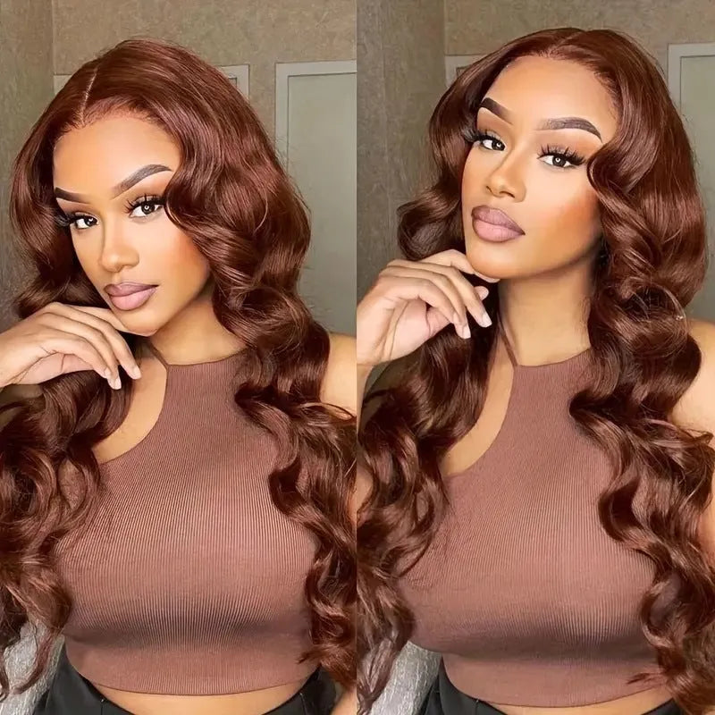 Dark brown long curly front lace wig with side bangs on a model.